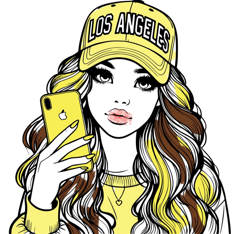 realistic beautiful girl wearing los ángeles cap holding an iphone