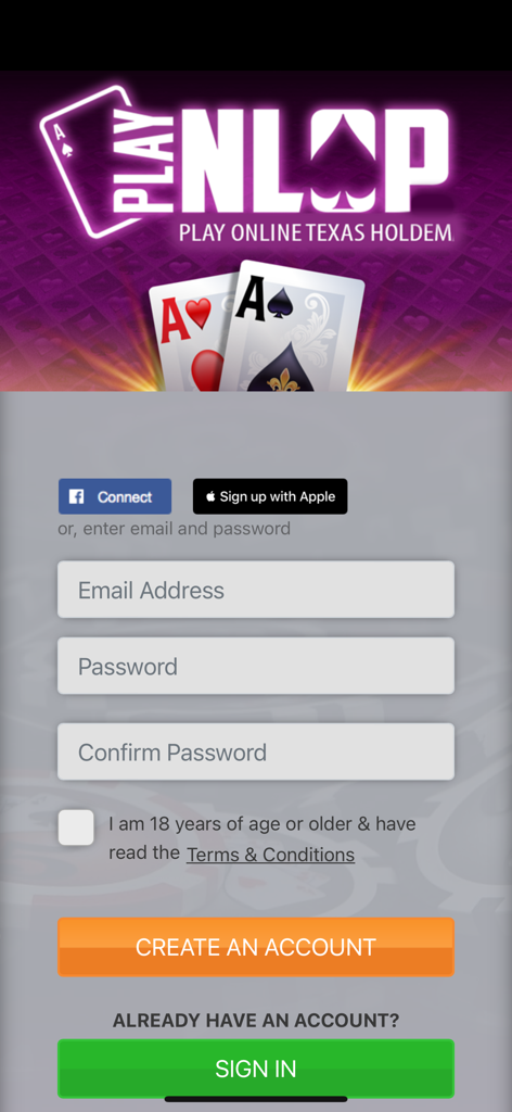 PlayNLOP - PlayNLOP poker app registration and login screen for online Texas Holdem