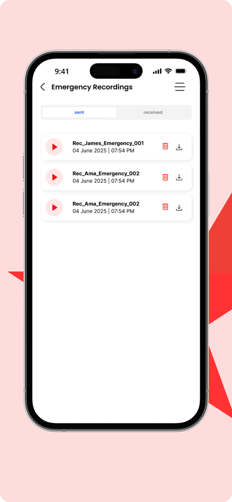 Rescuetap - RescueTap app emergency recordings screen showing a list of sent and received safety audio files