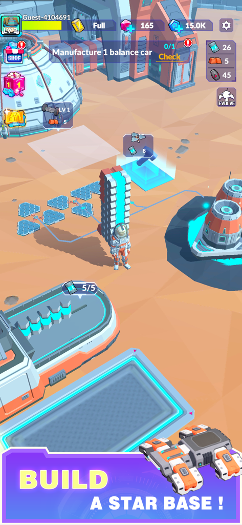 Gameplay screenshot showing an astronaut building a futuristic star base in the game Space Survivor Star Pioneer