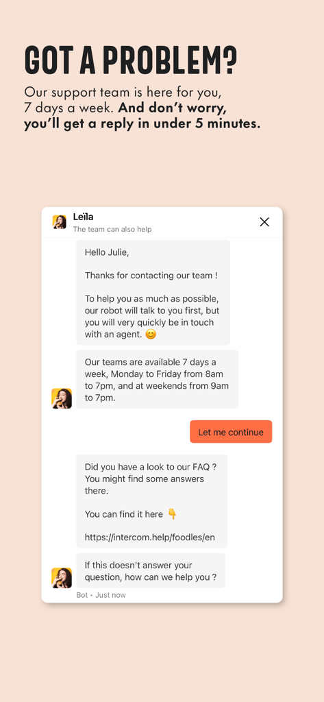 Foodles - Screenshot dell'interfaccia di chat di supporto clienti dell'app Foodles che mostra disponibilità 7 giorni su 7 e tempi di risposta rapidi.
