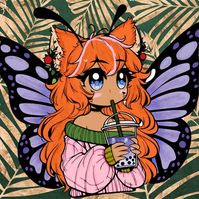 a realistic butterfly/furry girl drinking boba