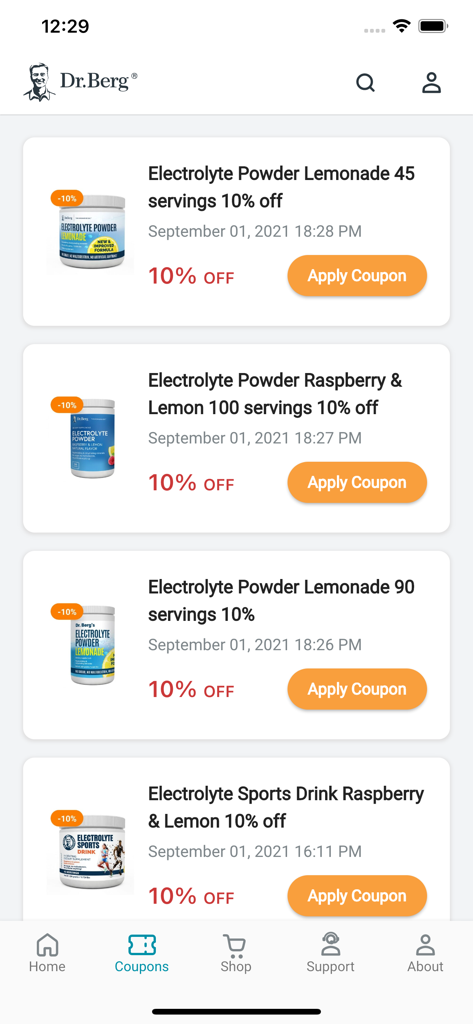 Dr. Berg - Dr. Berg app coupons screen showing 10 percent off discounts for electrolyte powders and health supplements