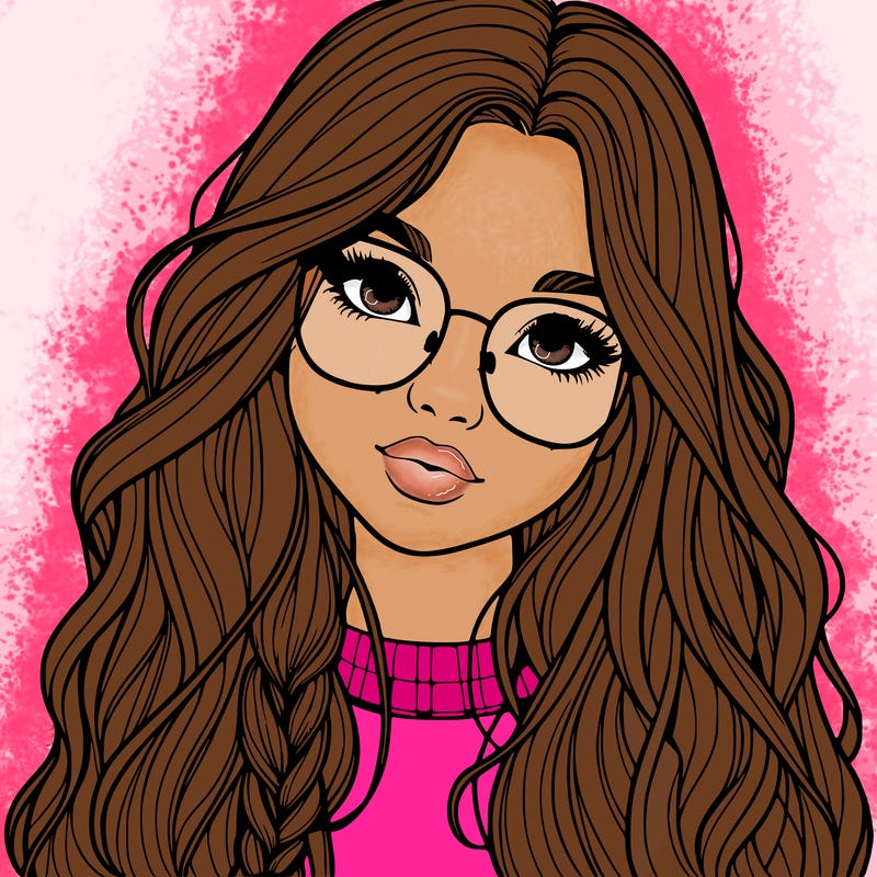 girl with long hair and freckles and glasses realistic