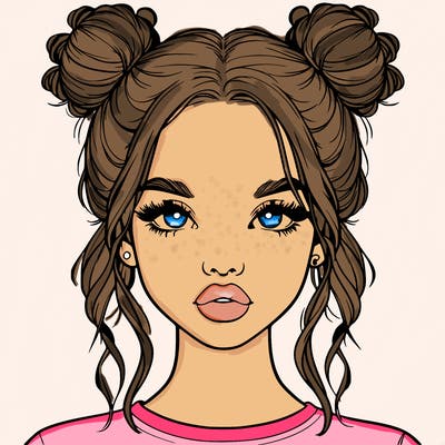 realistic girl with two buns in hair and lips