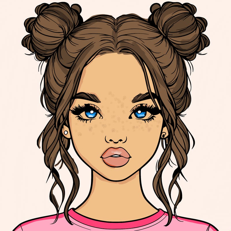 realistic girl with two buns in hair and lips