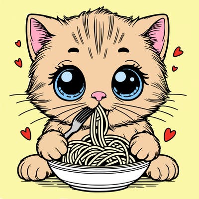 kitten with big eyes and small mouth eating spaghetti