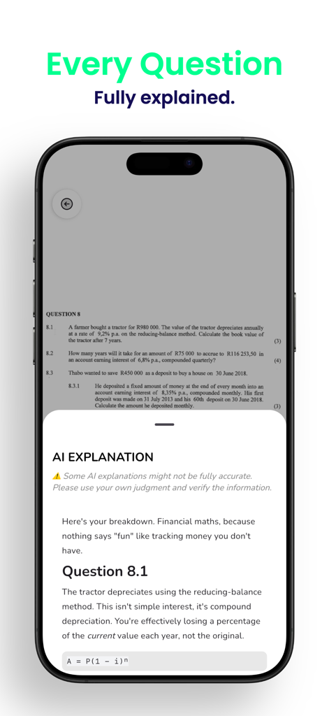 Grade 10,11,12 Mathematics App - Pantalla de teléfono inteligente que muestra una explicación paso a paso generada por IA para una pregunta de examen de matemáticas de secundaria.
