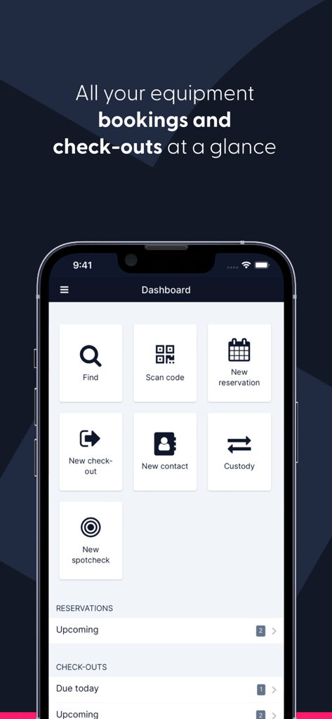 Cheqroom mobile app dashboard showing equipment tracking and reservation tools