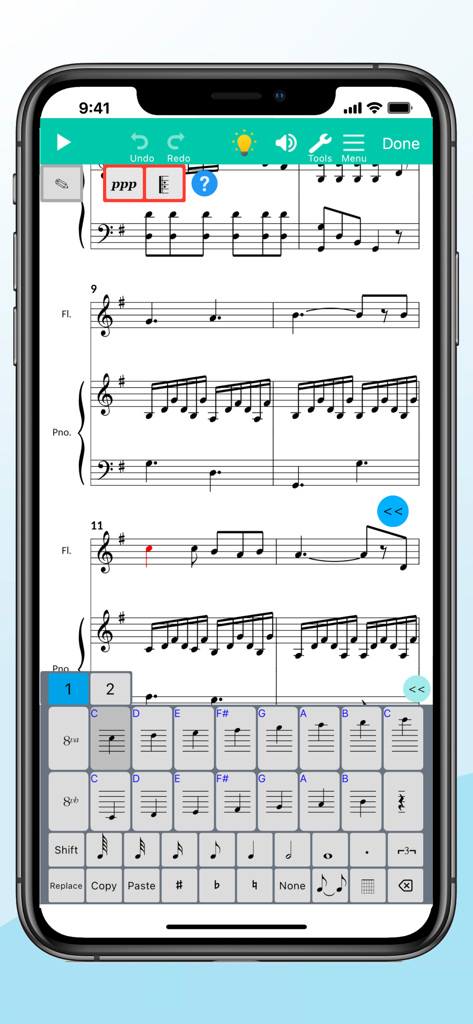Score Creator: compose music - Smartphone screen showing the Score Creator app with sheet music and a specialized keyboard for writing musical notes