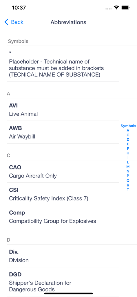 ERG Drill Codes - Abbreviations list for aviation dangerous goods in the ERG Drill Codes app