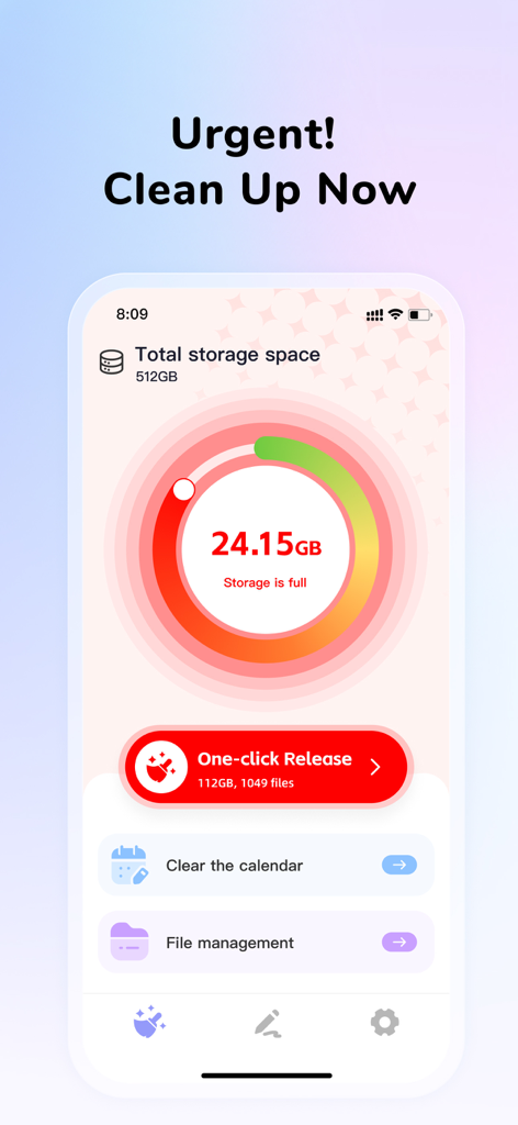 CleanEasy app dashboard showing a storage full warning and a one-click cleanup button