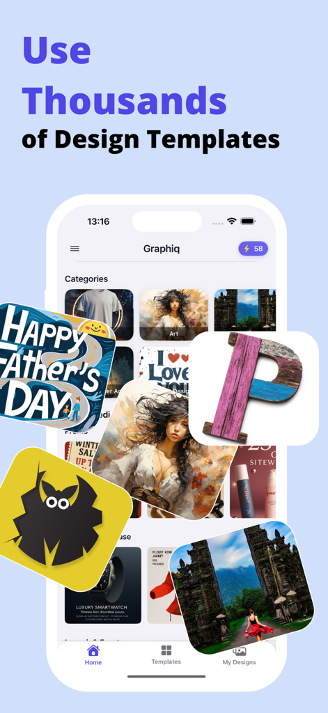 Graphiq App-Oberfläche, die verschiedene KI-gestützte Designvorlagen zeigt, darunter Aufkleber, künstlerische Porträts und Marketinggrafiken.