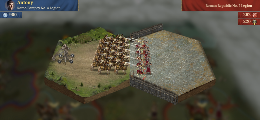 Great Conqueror: Rome - Roman cavalry and archers engaging in a tactical hex-based battle in Great Conqueror Rome