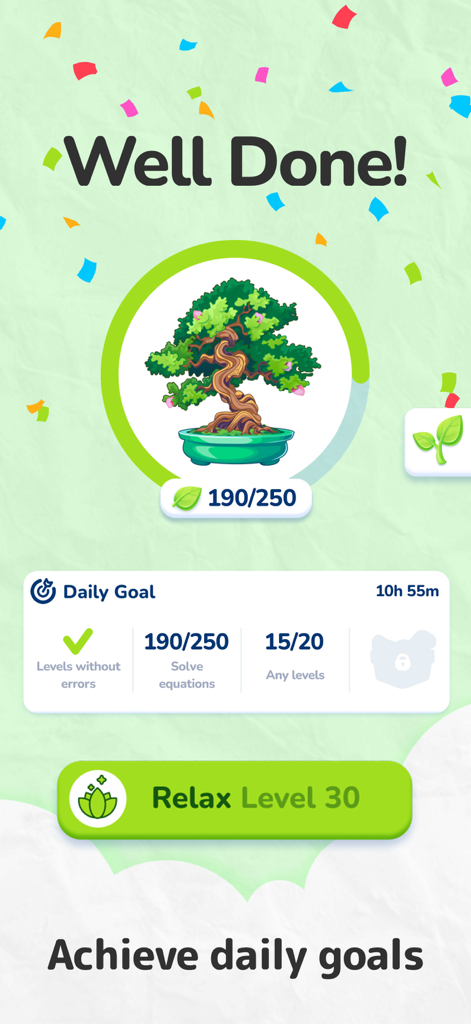 Math Crossword Pro app screen showing daily goal progress and a bonsai tree achievement icon.