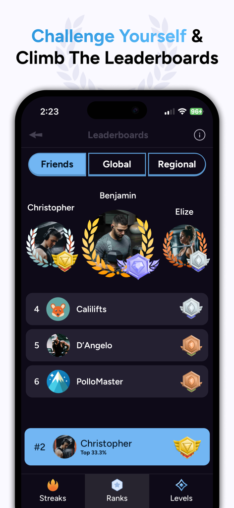 Liftoff - Ranked Gym Workouts - Liftoff app leaderboard interface showing global fitness rankings and user achievement badges
