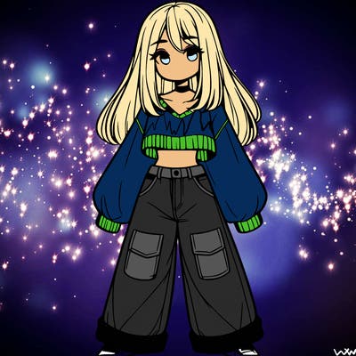 cute girl with straight hair in baggy jeans and a crop top and a sweater