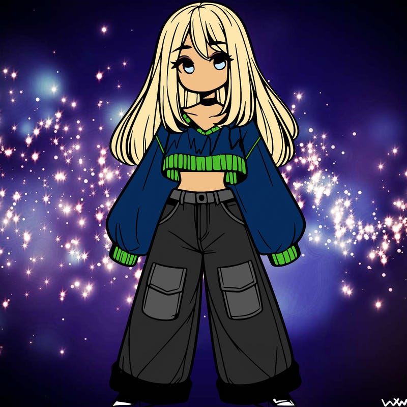 cute girl with straight hair in baggy jeans and a crop top and a sweater