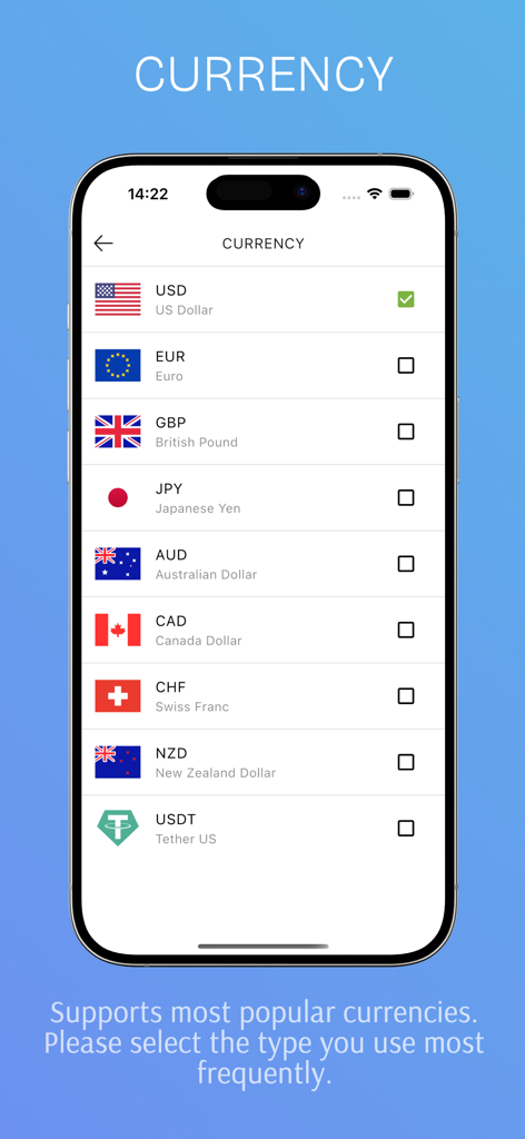 Forex Backtest - Pantalla de selección de divisa en la aplicación Forex Backtest con una lista de las principales divisas mundiales con banderas.