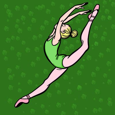 gymnast doing a leap in a leotard with a bent back leg