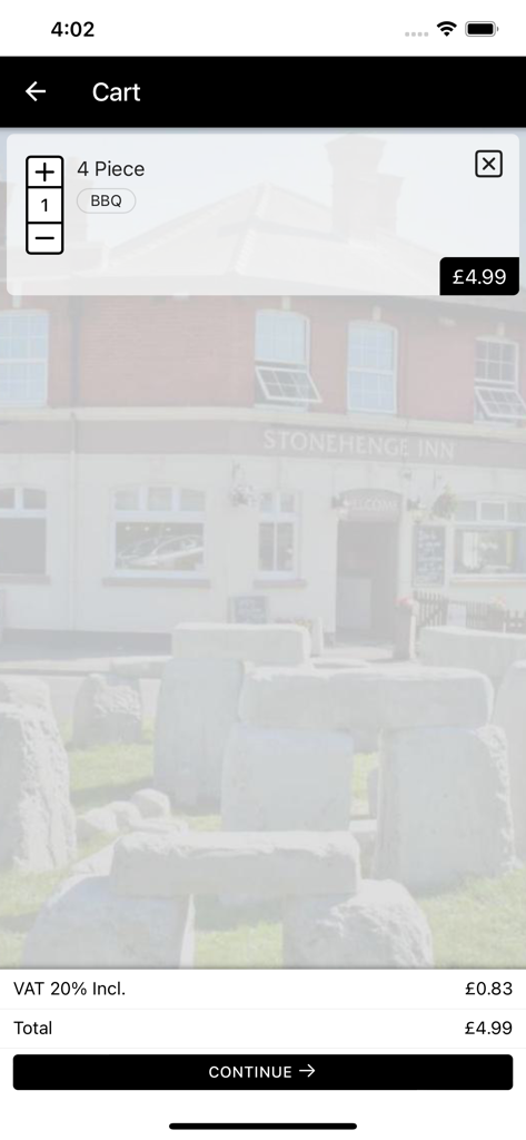 Stonehenge Inn - Checkout screen of the Stonehenge Inn mobile app showing a food item in the cart and total price