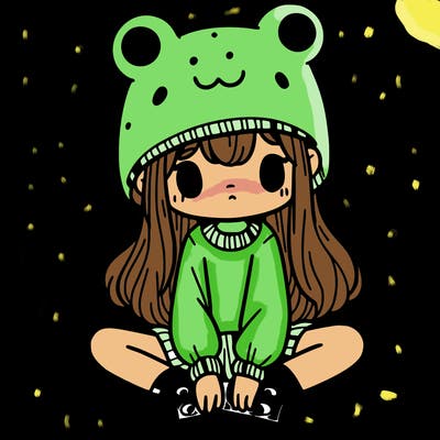 a girl wearing a frog hat and some frog socks