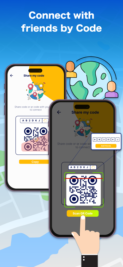 Real-time GPS Location Sharing - Interface mostrando como se conectar com amigos usando um código QR ou um código de texto exclusivo no aplicativo de compartilhamento de GPS