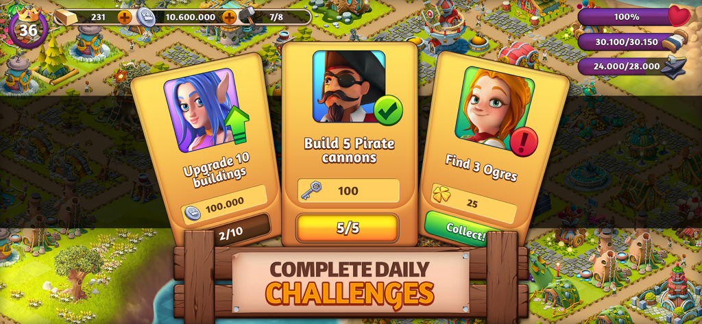 Fantasy Island: Sim Adventure - Tägliche Herausforderungen im Menü von Fantasy Island Sim, die Aufgaben wie das Aufrüsten von Gebäuden und den Bau von Piratenkanonen zeigen.