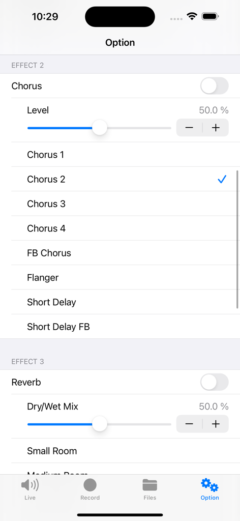 Stereo Microphone - Interface do aplicativo Microfone Estéreo mostrando configurações para efeitos de áudio Chorus e Reverb.
