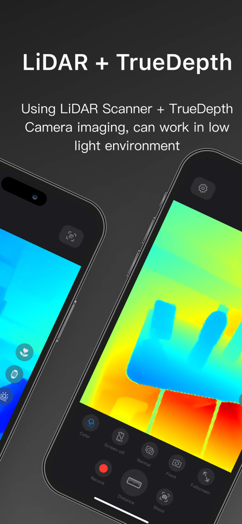 Night Vision - LiDAR Camera - Oberfläche zeigt LiDAR- und TrueDepth-Tiefenwahrnehmungsbilder auf einem iPhone-Bildschirm