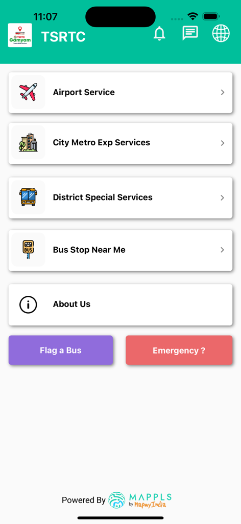 TGSRTC Gamyam - Main menu of TGSRTC Gamyam bus tracking app showing transit services and emergency options