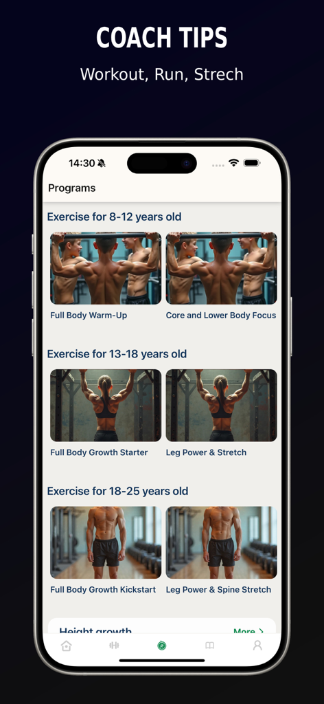 Height increase workout programs categorized by age groups from 8 to 25 years old
