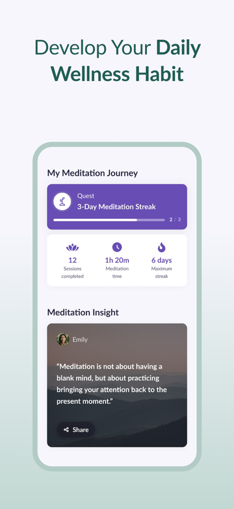 Pura Mente: Sleep & Meditation - Das Dashboard der Pura Mente App zeigt Meditationsfortschrittsserien und tägliche Wellness-Einblicke an.