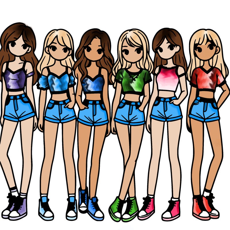 a group of girls wearing crop tops and shorts
