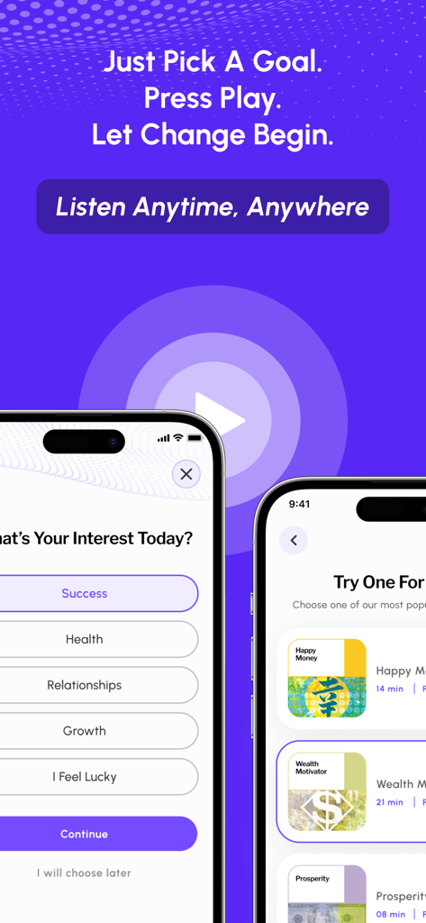 MINDTRX: Self Help & Mindset - Interfaz de la aplicación MINDTRX mostrando categorías de metas como éxito y salud junto con sesiones de crecimiento personal.