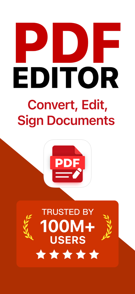 PDF Editorモバイルアプリのプロモーション画面。1億人以上のユーザーに信頼されている書類の変換、編集、署名機能を紹介しています。