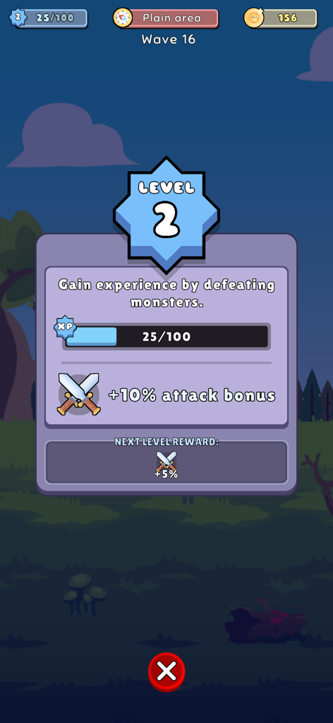 Level-Up-Bildschirm in Pause Game, der Spielerlevel 2, die XP-Fortschrittsleiste und Angriffsvorteile zeigt