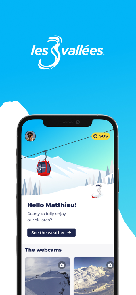 Les 3 Vallees mobile app home screen featuring mountain webcams and weather forecast for French Alps ski resorts