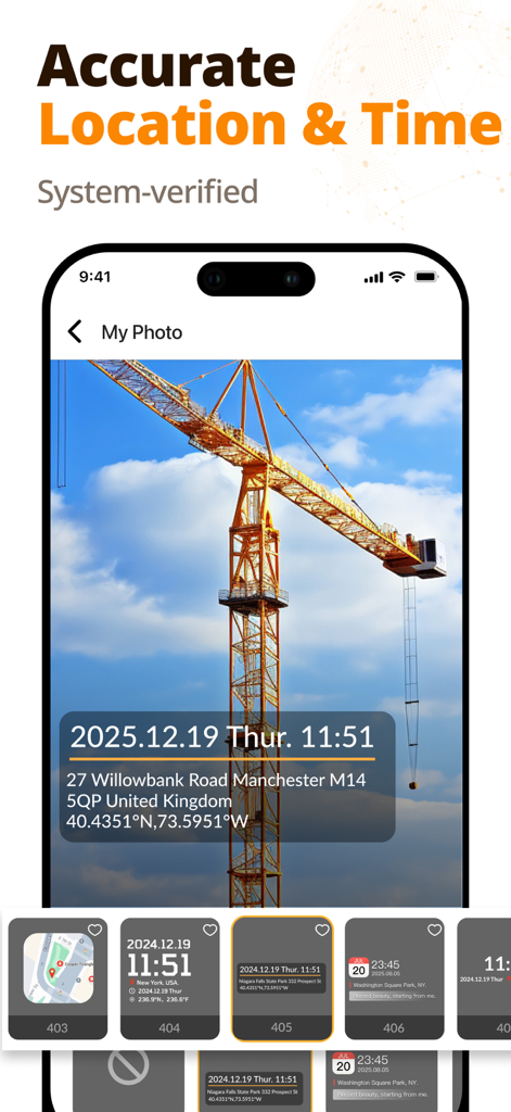 Interface of Timestamp Camera app showing a construction photo with verified location and time details overlay