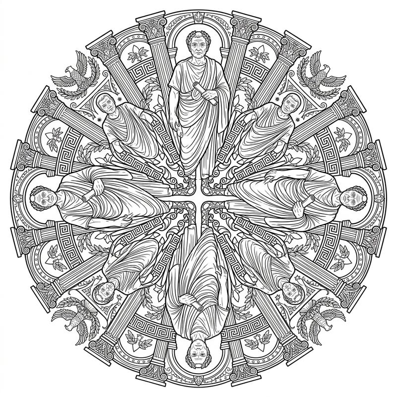 Journey back to ancient Rome with this captivating Roman Senators Mandala coloring page. This intricate design offers a unique blend of historical figures and symmetrical artistry, perfect for a challenging and rewarding creative session.