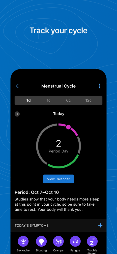 Interface de suivi du cycle menstruel dans l'application mobile Garmin Connect