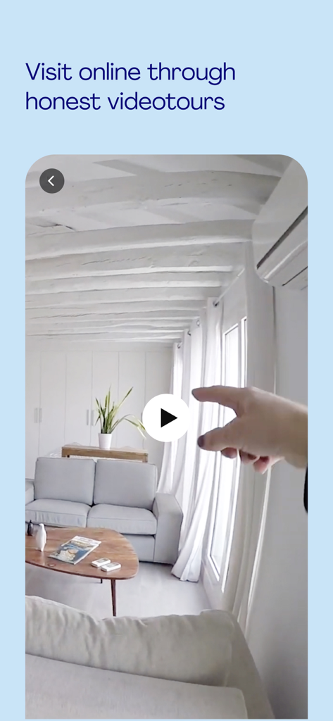 Spotahome: Apartments & rooms - A screenshot of the Spotahome app showing a virtual video tour of a bright living room with a sofa and a hand pointing at details.