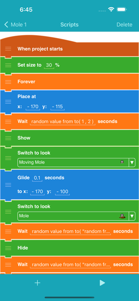 Pocket Code - Pocket Code app interface showing colorful drag and drop visual programming blocks for game development