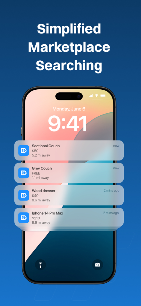 DealScout - iPhone lock screen displaying DealScout push notifications for new marketplace items including furniture and electronics