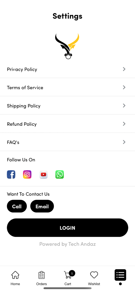 IRONGEAR - Settings screen of the IRONGEAR app showing policy links social media icons contact buttons and a login option