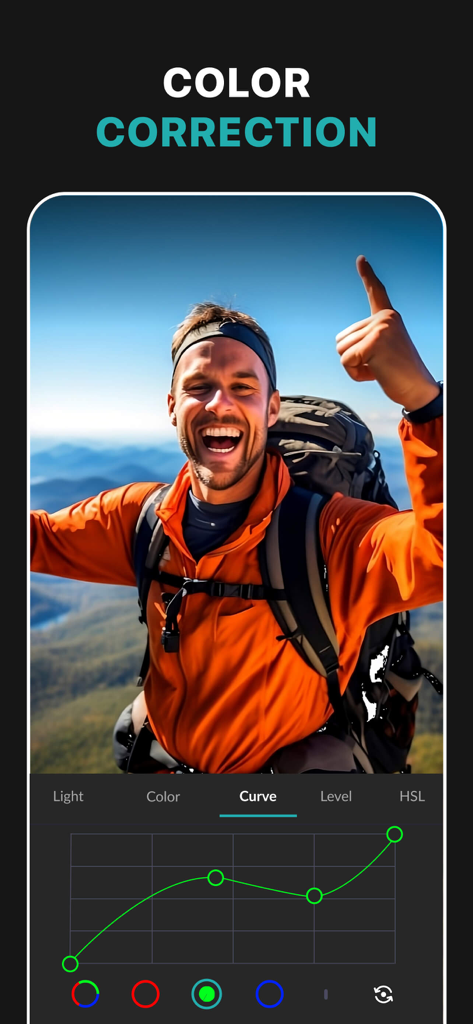 Screenshot of PhotoLeaf app showing the RGB curves tool for professional color correction on a hiking photograph