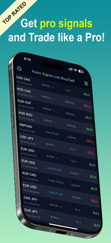 Mobile app screen showing a list of live forex trading signals for multiple currency pairs with buy and sell recommendations.