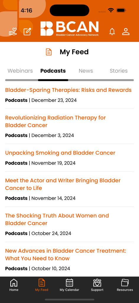 BCAN Bladder Cancer App - A list of educational podcasts about bladder cancer research and treatment in the BCAN app feed.