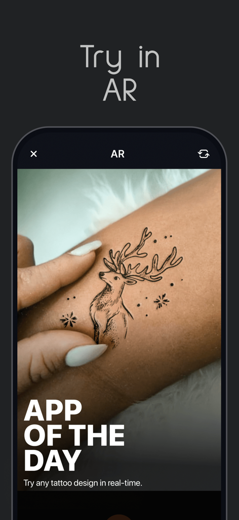 INKHUNTER - AI Tattoo Design - Aplicación Inkhunter que muestra un tatuaje de ciervo siendo probado en un brazo con realidad aumentada
