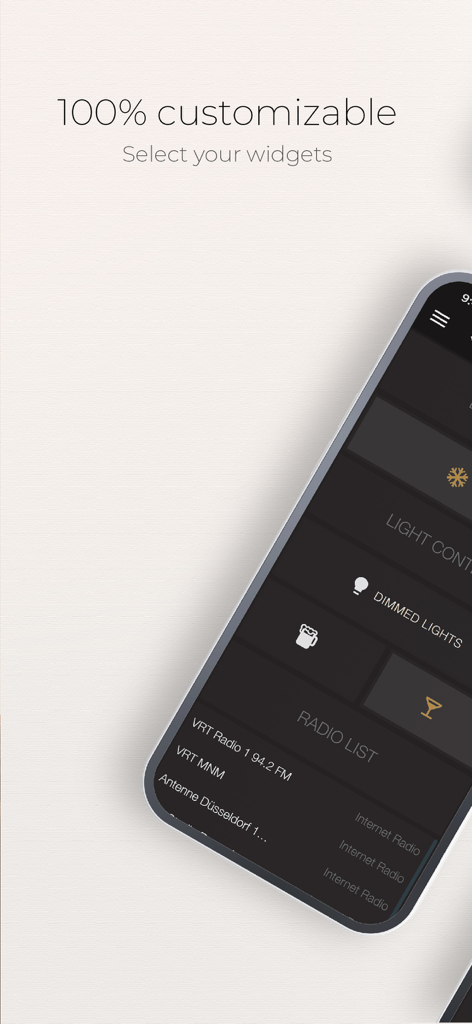 AUDAC Touch 2 app interface showing 100 percent customizable widgets for light control and radio radio lists on a mobile device